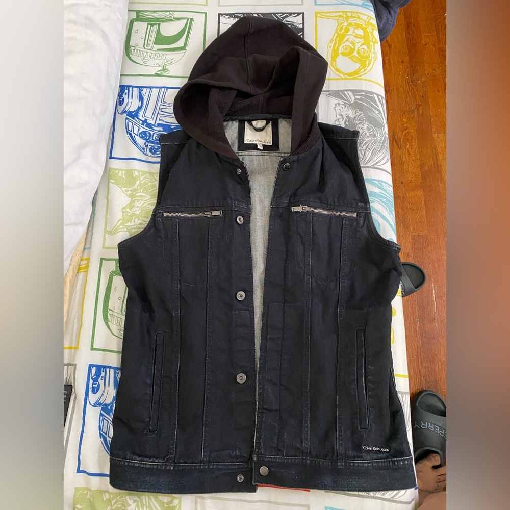 Calvin Klein sleeve less jeans jacket with hood.